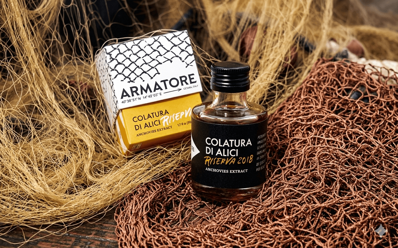 Armatore 콜라투라 디 알리치 — 아말피 해안 체타라의 엔초비 원액, 어부의 그물 위 정물