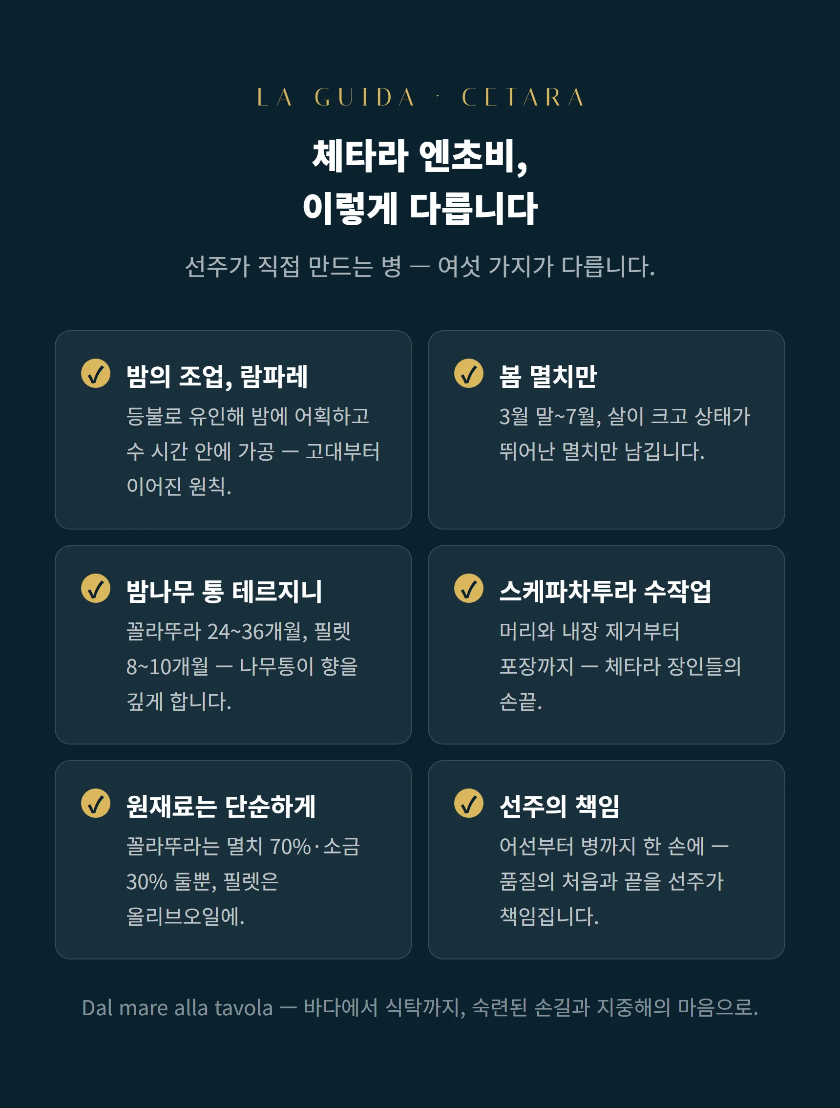 체타라 엔초비 여섯 가지 — 람파레 밤 조업·봄 멸치·테르지니·스케파차투라·단순 원재료·선주 책임
