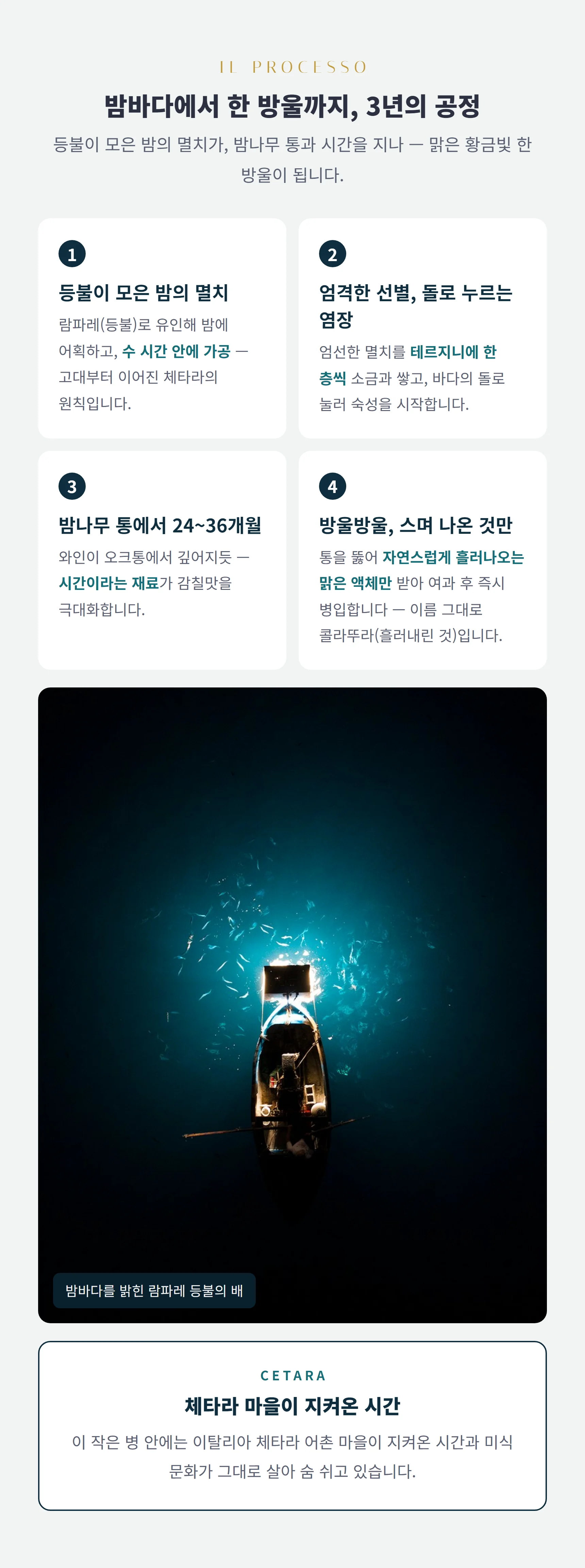 꼴라뚜라 공정 — 람파레 밤 조업, 돌로 누르는 염장, 밤나무 통 숙성, 스며 나온 것만