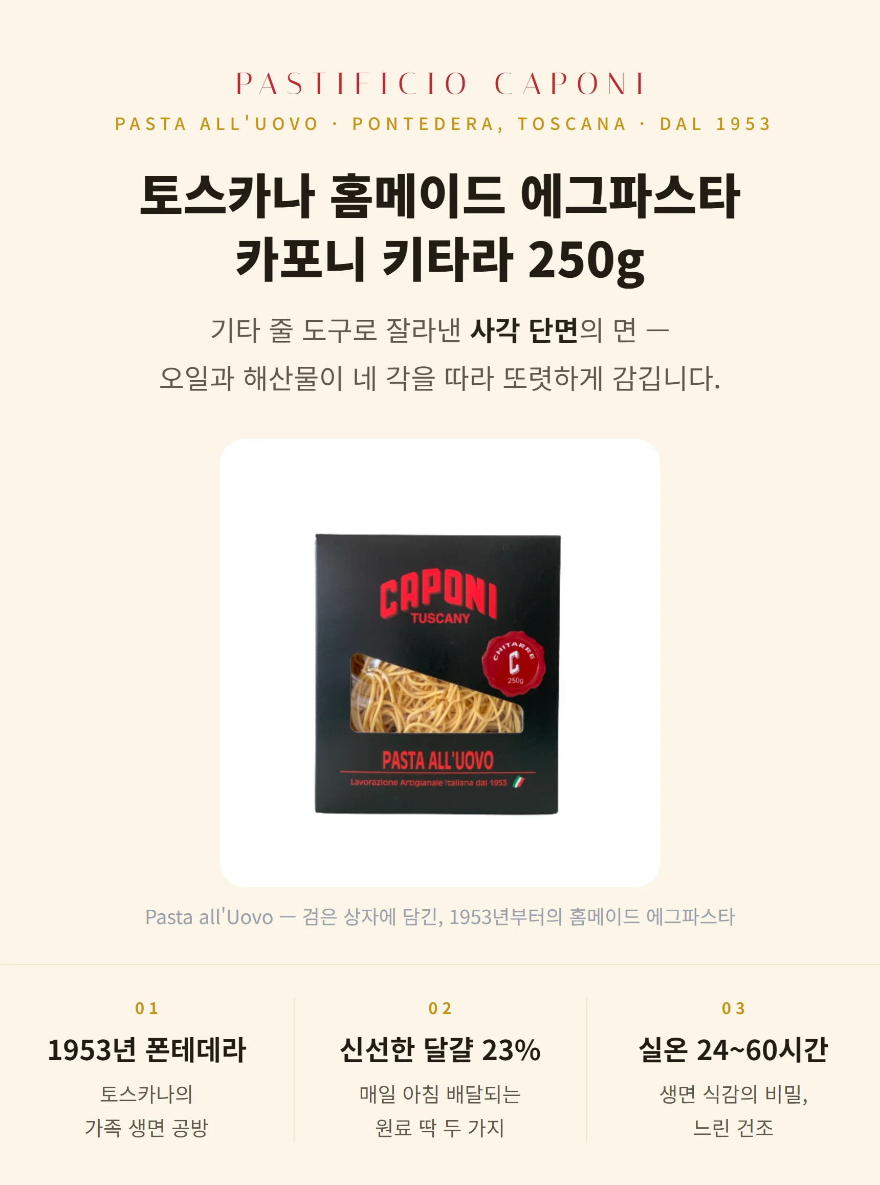 카포니 에그 키타라 250g — 1953년 토스카나 폰테데라, 기타 줄 도구로 잘라낸 사각 단면 에그파스타