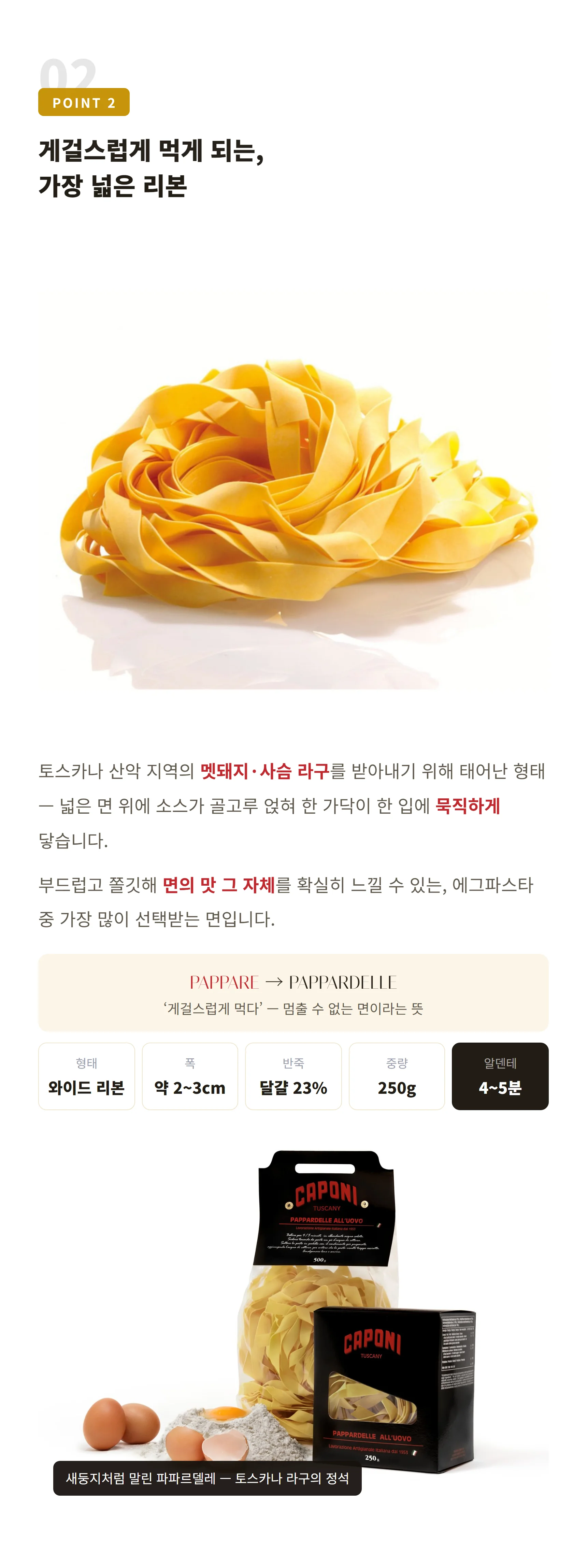 카포니 에그 파파르델레 네스트와 달걀·세몰리나 — 추천 요리 멧돼지 라구, 미트 라구, 포르치니 크림, 라구 비앙코