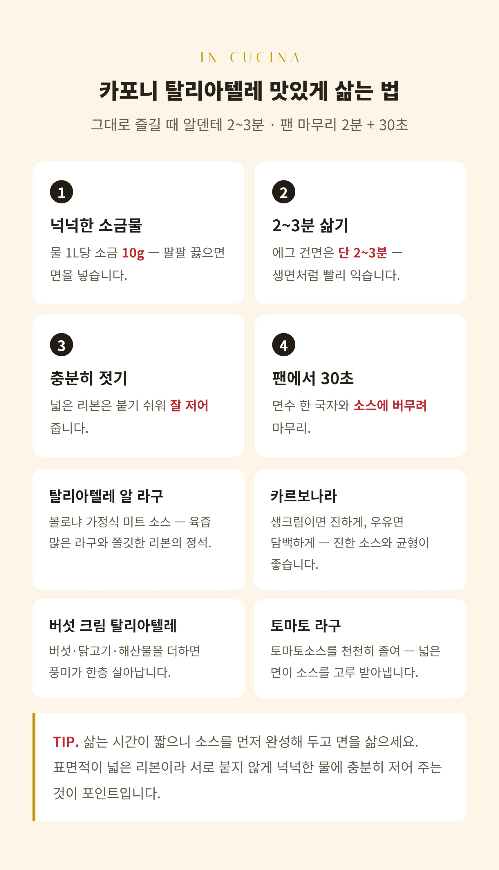 카포니 탈리아텔레 삶는 법 — 물 1L당 소금 10g, 2~3분 알덴테, 붙지 않게 저어주기, 팬에서 소스와 마무리