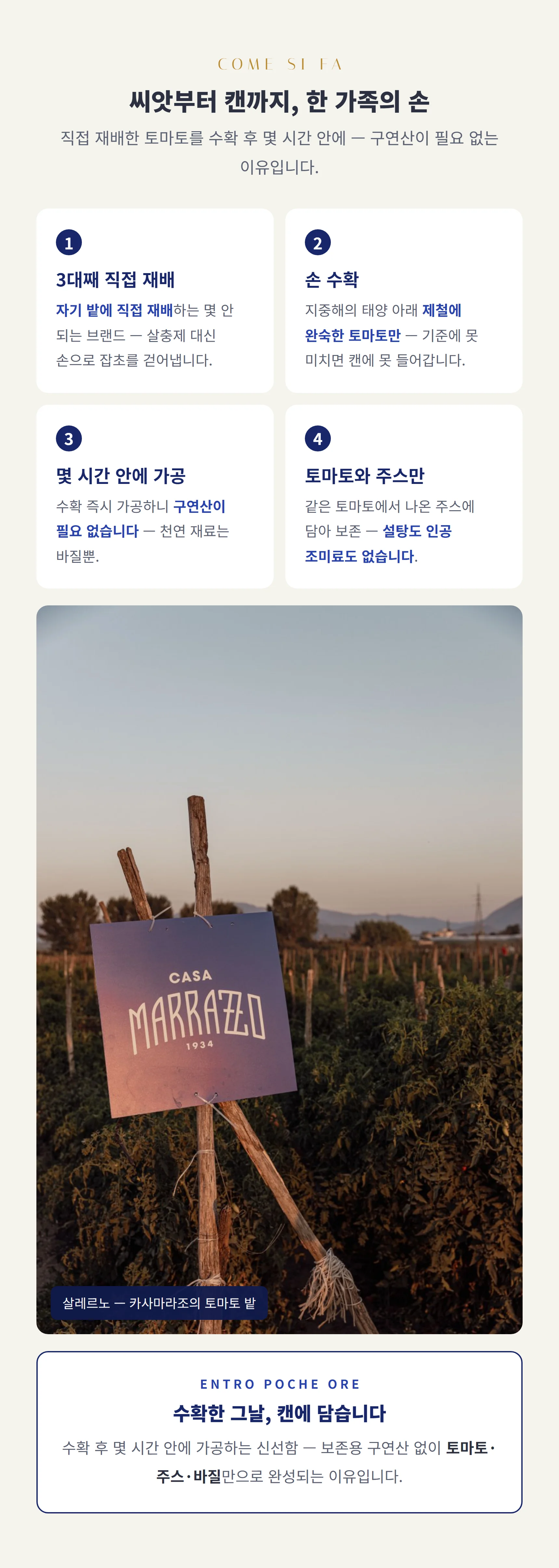 씨앗부터 캔까지 한 가족의 손 — 직접 재배·손 수확·몇 시간 내 가공·토마토와 주스만