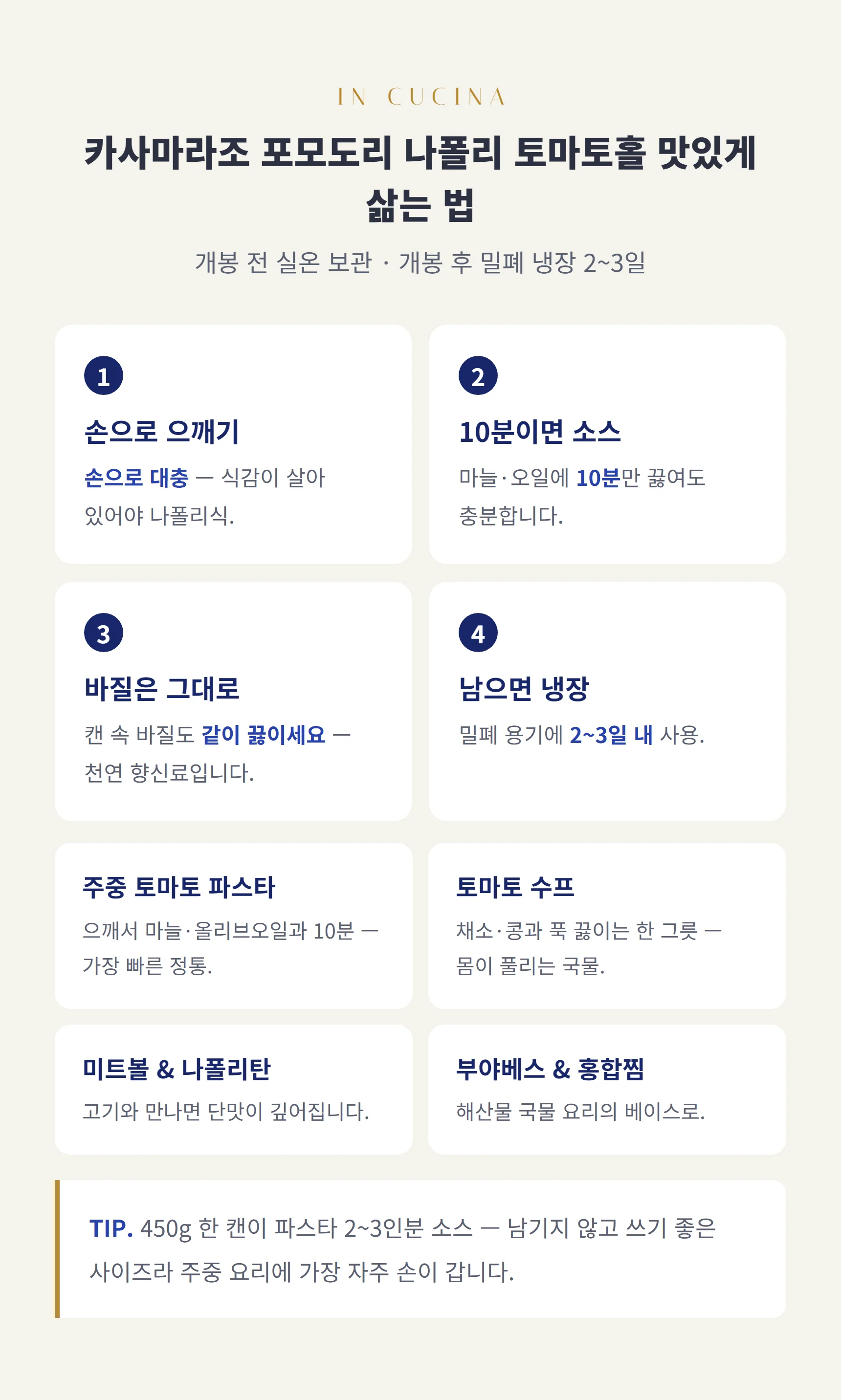 나폴리 토마토홀 쓰는 법 — 손으로 으깨 10분 소스, 바질 함께, 한 캔 2~3인분