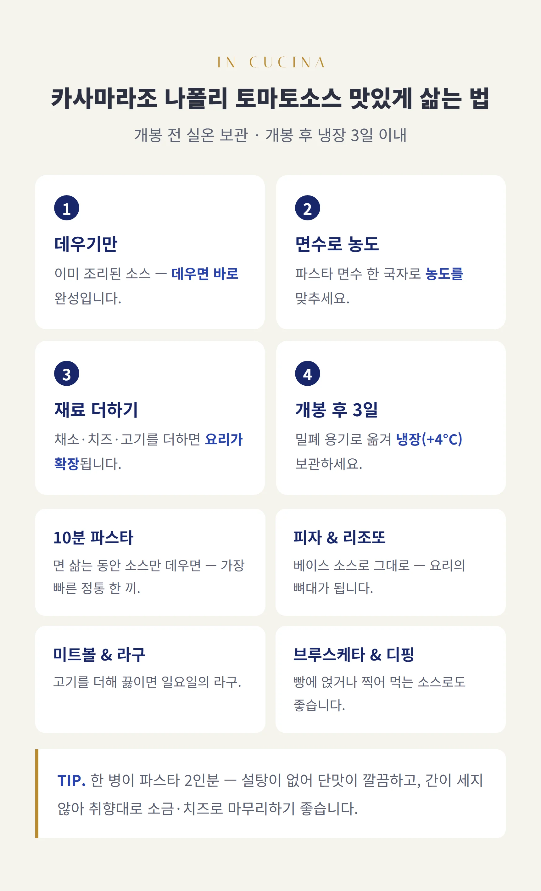 나폴리 토마토소스 쓰는 법 — 데우기만 하면 완성, 면수로 농도, 개봉 후 냉장 3일 이내