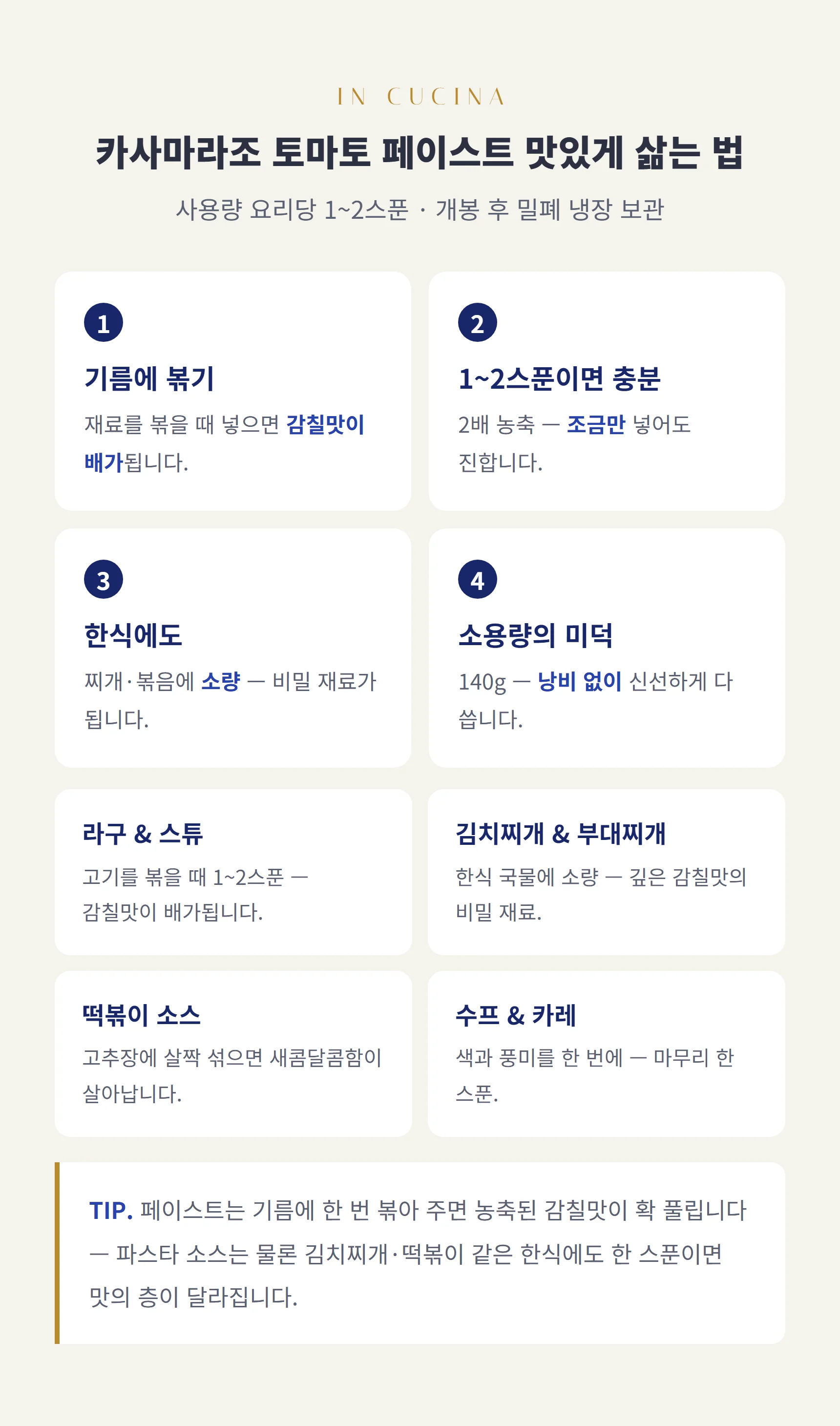 토마토 페이스트 쓰는 법 — 기름에 볶아 감칠맛, 요리당 1~2스푼, 한식 비밀 재료