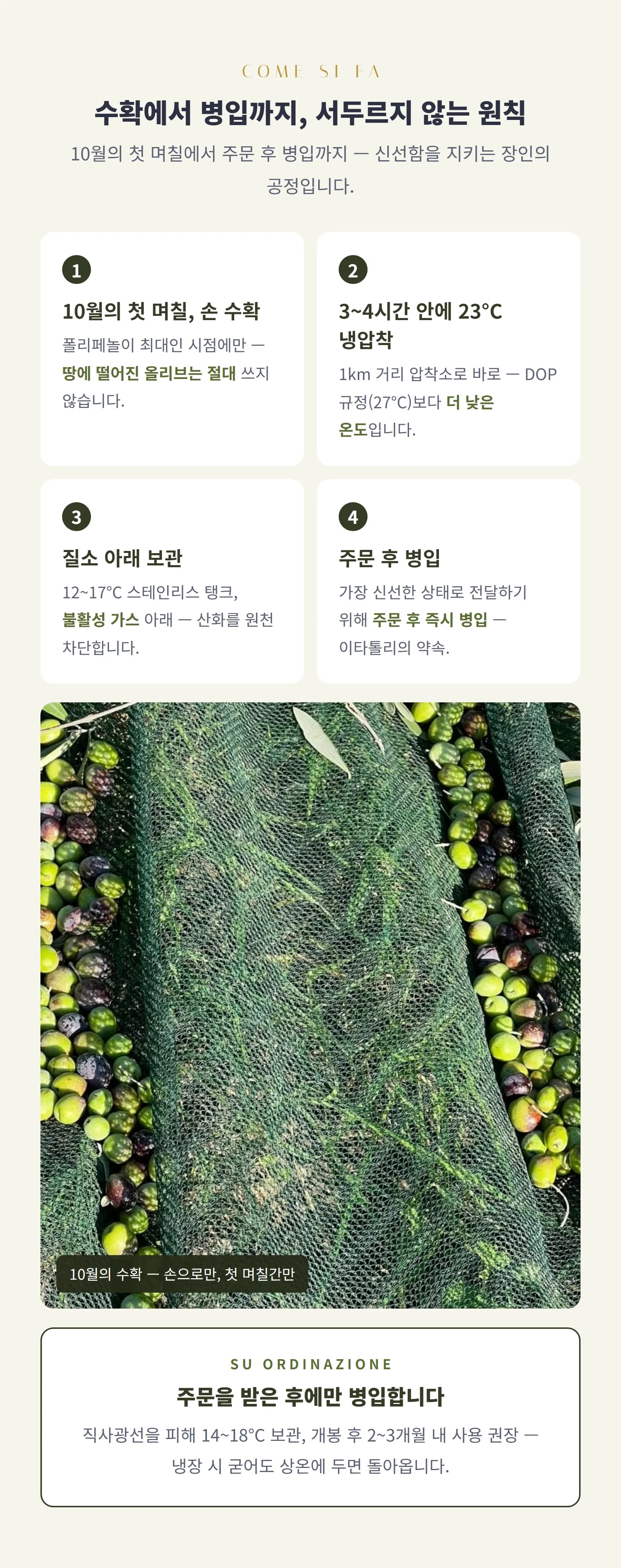 수확에서 병입까지 — 10월 첫 며칠 손 수확·3~4시간 23도 냉압착·질소 보관·주문 후 병입