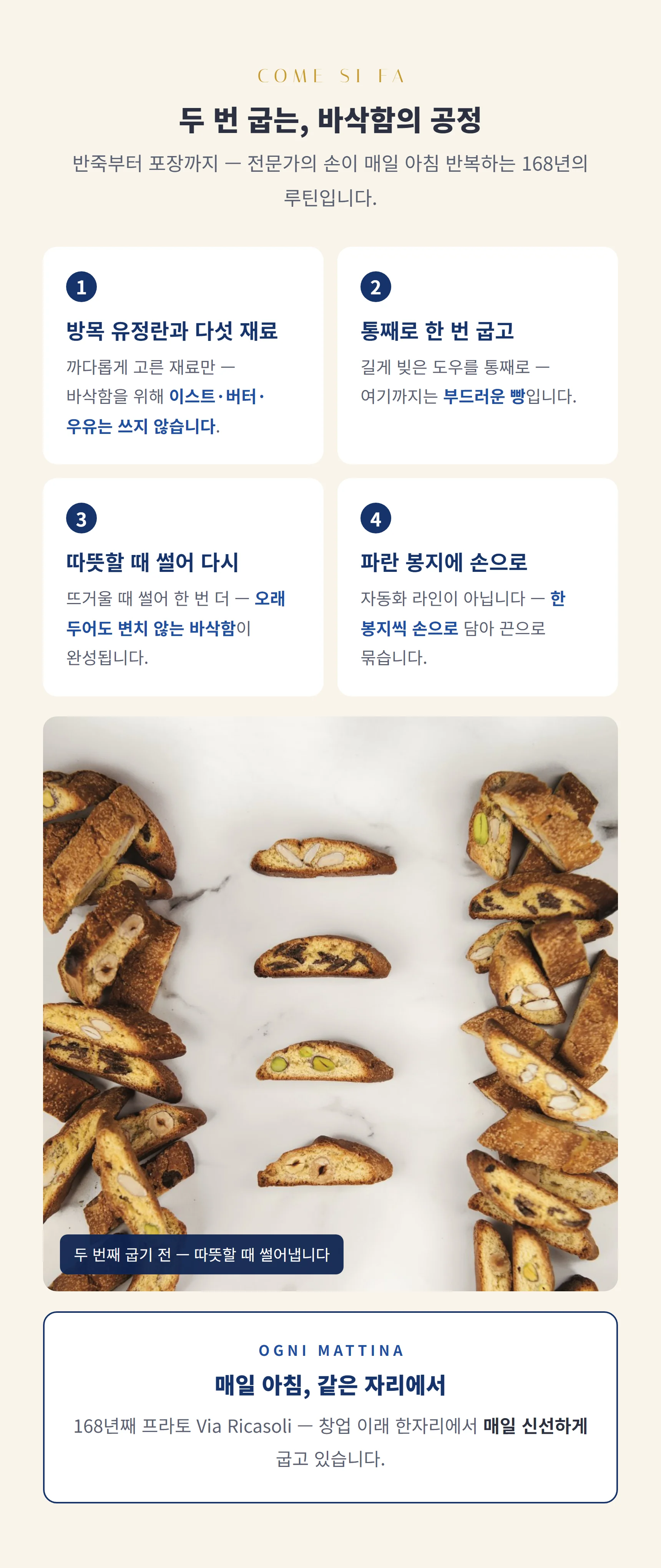 두 번 굽는 공정 — 방목 유정란 반죽, 통째로 굽고 따뜻할 때 썰어 다시, 파란 봉지 손 포장