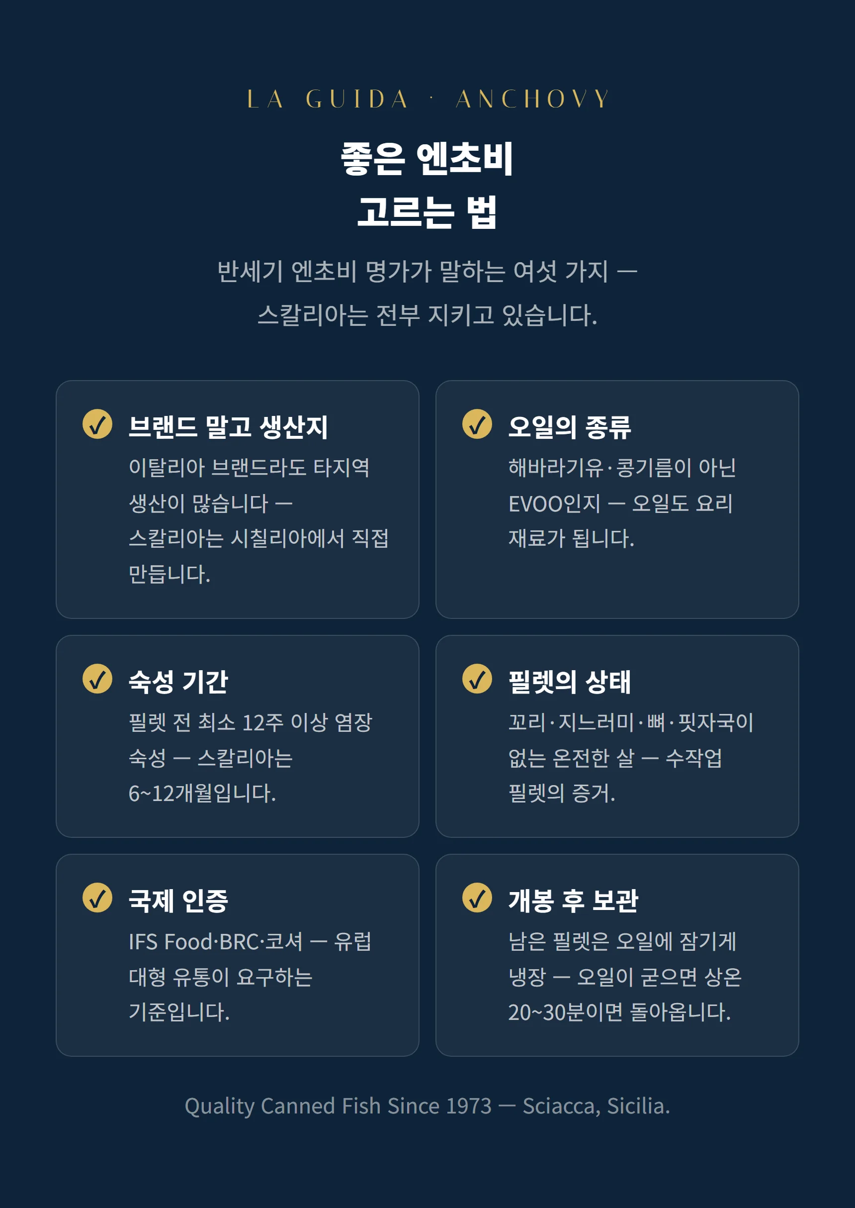 좋은 엔초비 고르는 법 — 생산지·오일 종류·숙성 기간·필렛 상태·국제 인증·보관