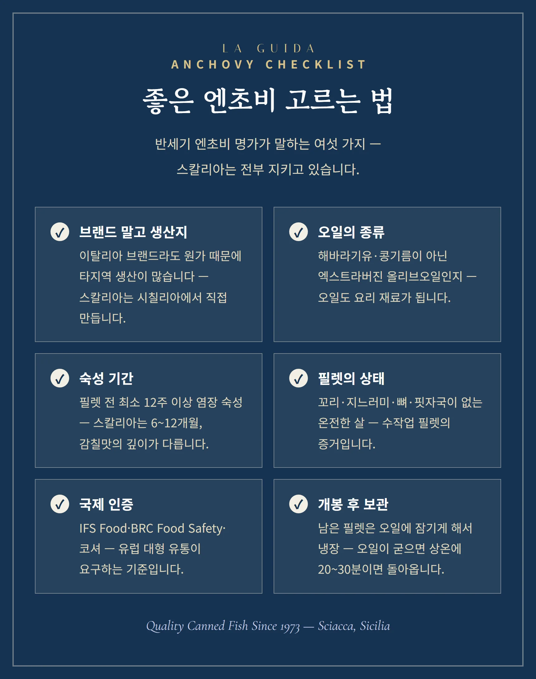 좋은 엔초비 고르는 법 — 브랜드 말고 생산지, 오일 종류, 숙성 기간, 필렛 상태, 국제 인증, 개봉 후 오일에 잠기게 냉장