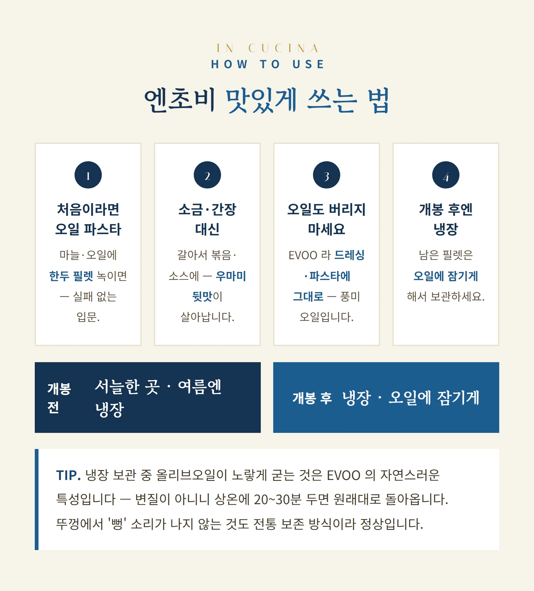 엔초비 쓰는 법 — 처음엔 오일 파스타, 소금·간장 대신, 오일도 요리에, 개봉 후 오일에 잠기게 냉장, 응고는 EVOO 특성