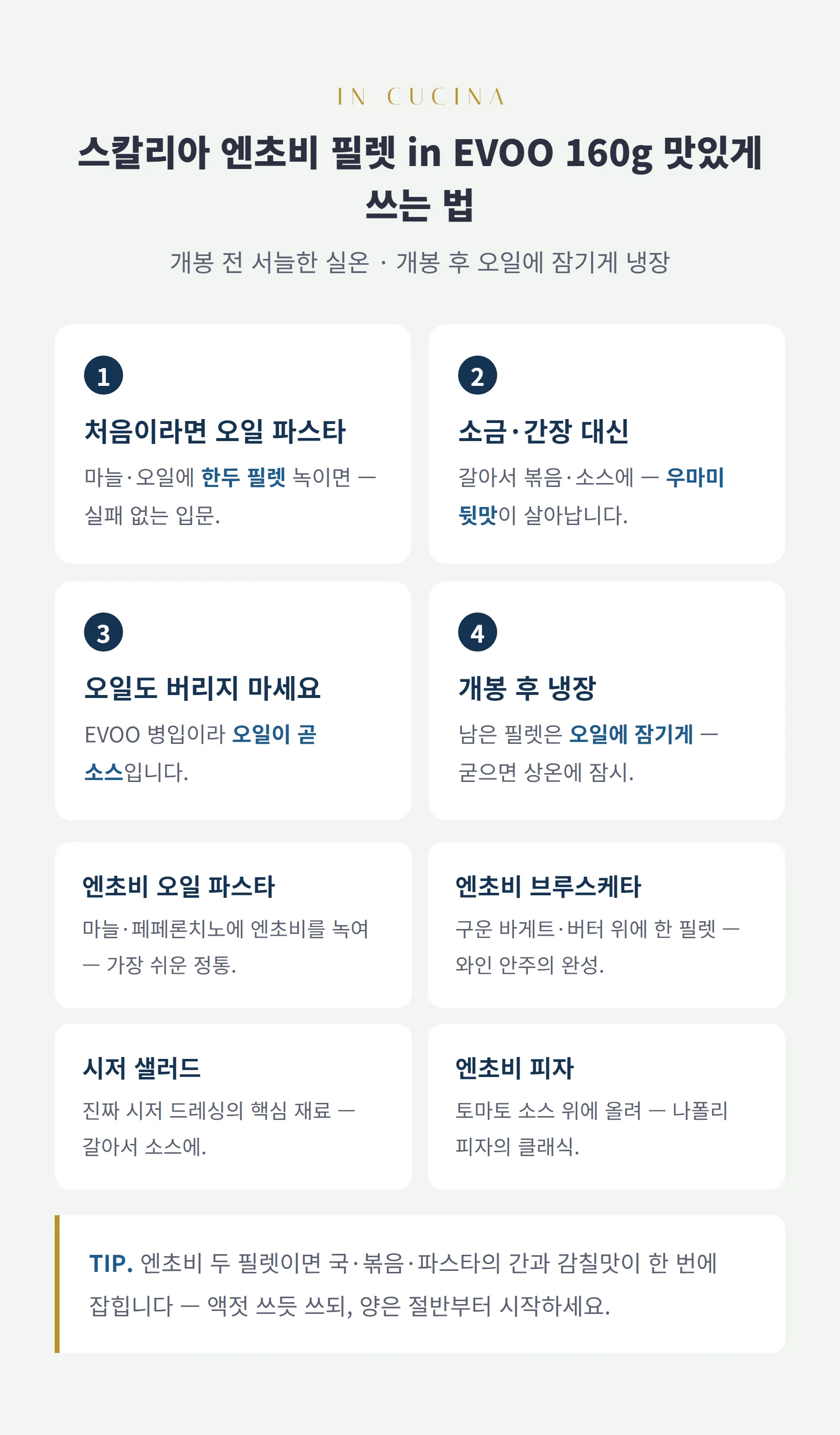 엔초비 쓰는 법 — 오일 파스타 입문, 소금 대신 우마미, 오일까지 요리에, 개봉 후 오일에 잠기게 냉장