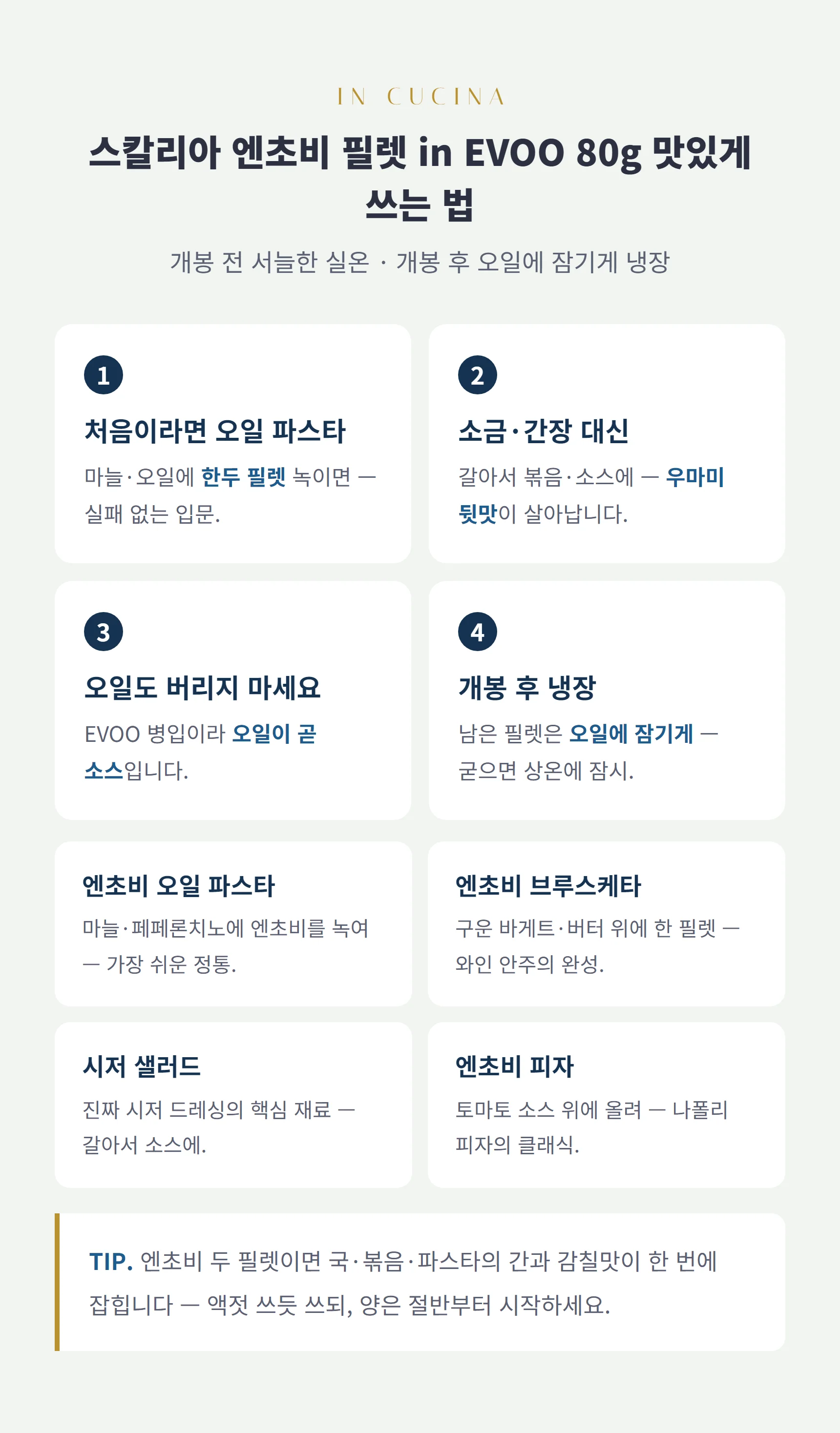 엔초비 쓰는 법 — 오일 파스타 입문, 소금 대신 우마미, 오일까지 요리에, 개봉 후 오일에 잠기게 냉장