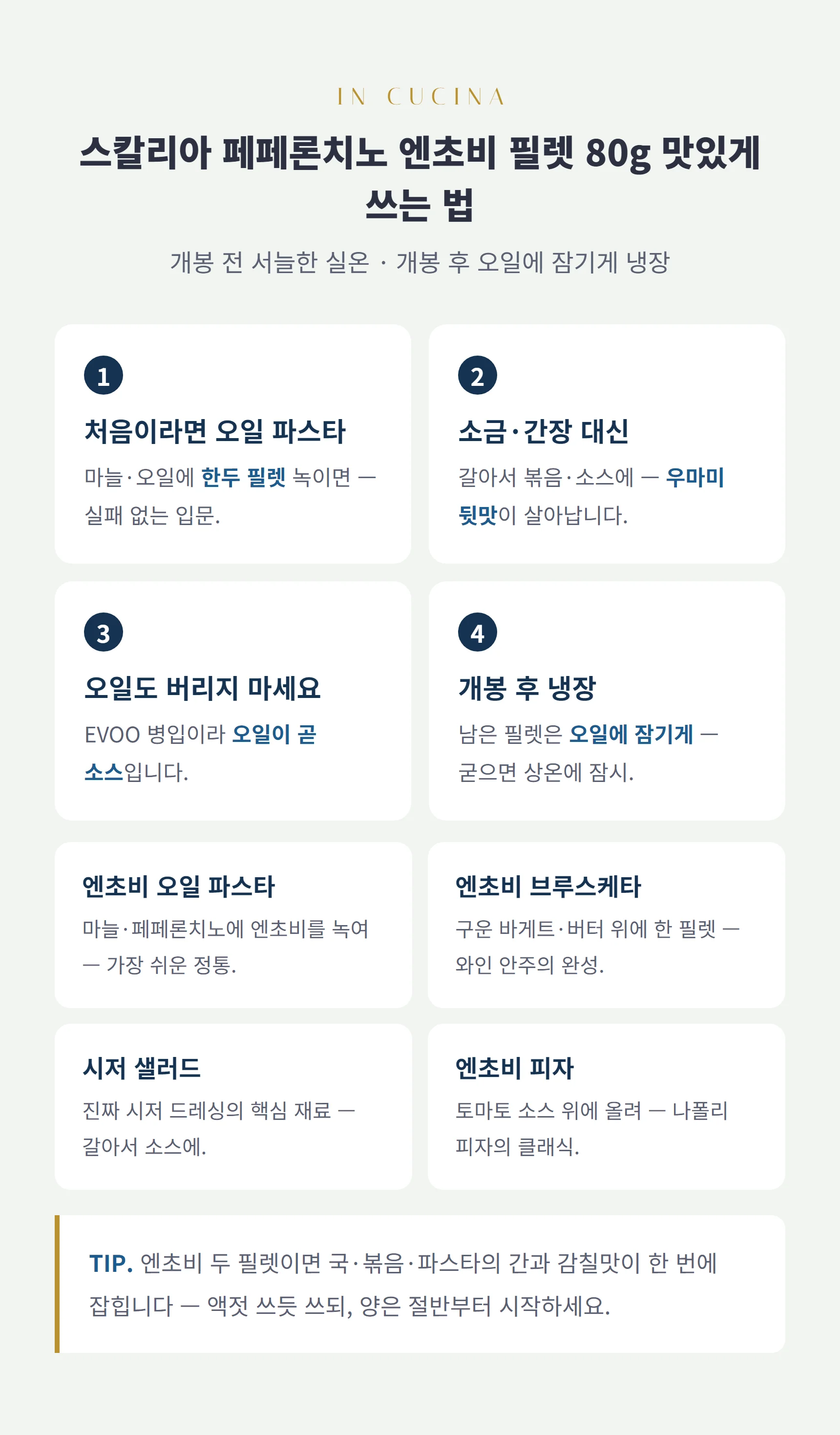 엔초비 쓰는 법 — 오일 파스타 입문, 소금 대신 우마미, 오일까지 요리에, 개봉 후 오일에 잠기게 냉장
